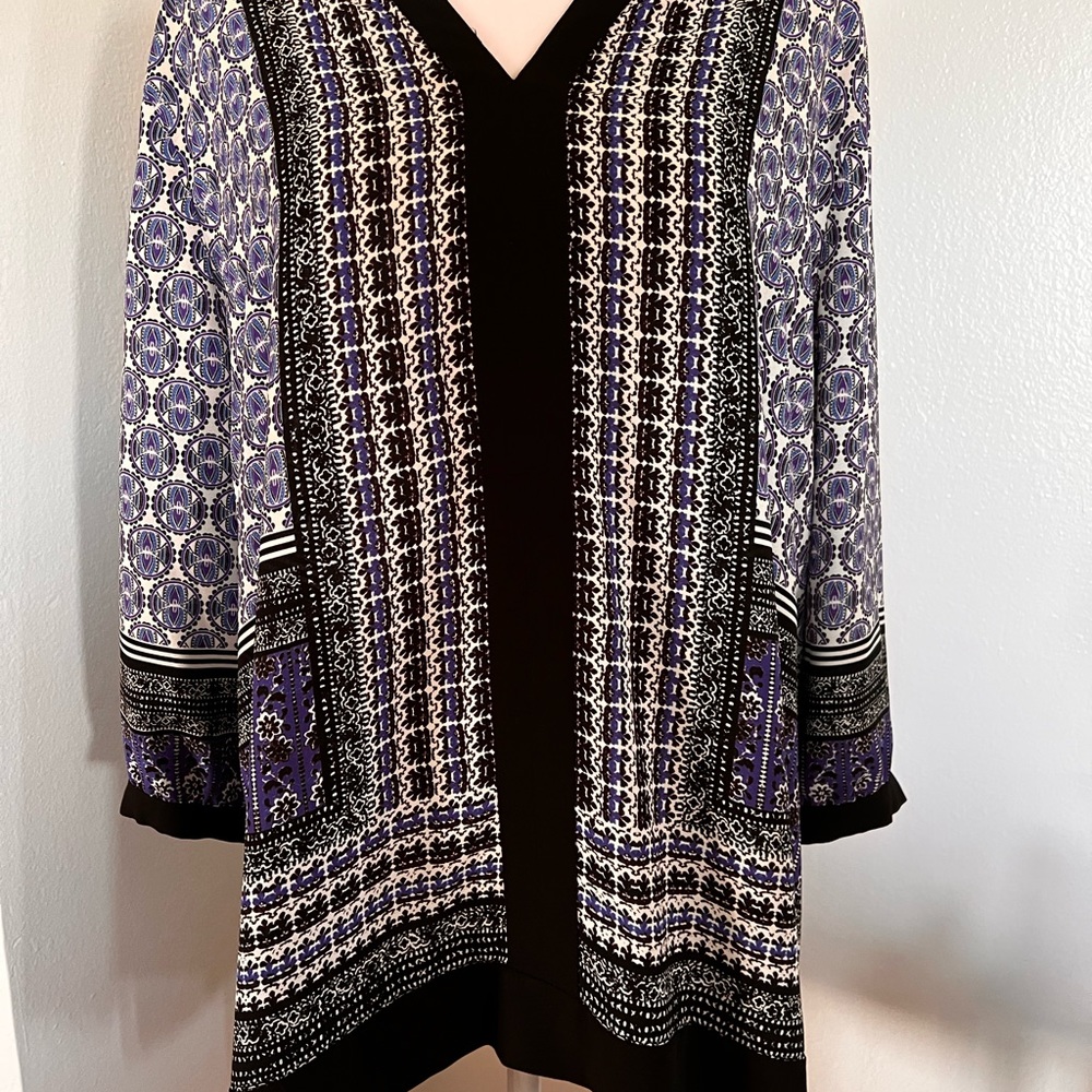 Nydj women’s  1/4 sleeve long tunic blouse relaxed fit pullover v neck size PXL
